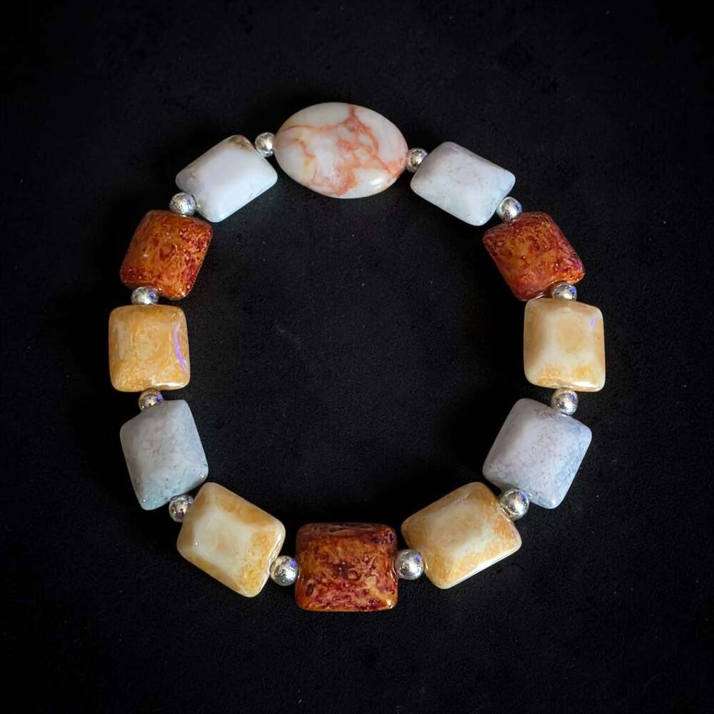 Natural Stone Stretch Bracelet with Mixed Rectangular and Oval Mookaite Jasper s